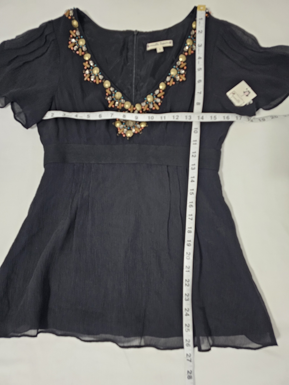Nanette Lepore 100% Silk Embellished Beaded Flutter Sleeve Tunic Blouse Top Blk - Picture 9 of 9